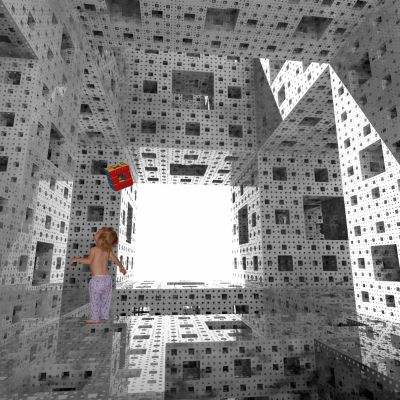 This image is copyright Paul Bourke 
and Gayla Chandler.  The child tossing her 
stage-1 Menger sponge comes from a digital 
photograph that I took in her kitchen.  
Paul later extracted them from my image 
and set them inside of one of his computer-
generated stage-6 sponges.